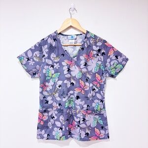 SCRUBS – Gray medical top with multicolored butterflies | X-Small *